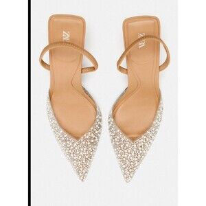 Zara Women's Pearl  Pointed Toe Slingback Heels CL8 Beige Size US 9